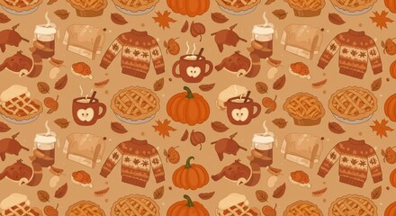 Autumn Cozy Seamless Pattern Pumpkins Pies Sweaters and Warm Drinks