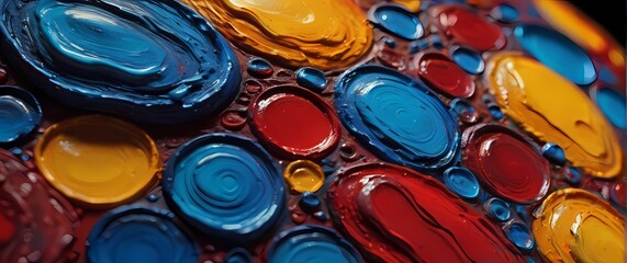 Close up macro of bold impasto oil painting with vibrant reds yellows and blues textured heavily