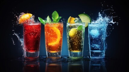 Four Colorful Cocktails with Fruit and Ice Splashes