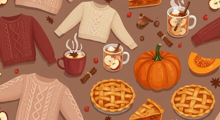 Autumn Cozy Seamless Pattern Knitwear Pumpkin Pie Apple Cider Fall Vibes