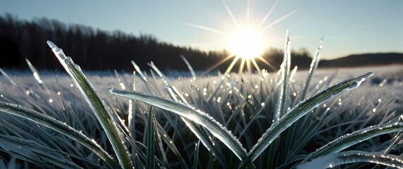 Close shot of frosted grass blades coated in dazzling crystalline ice reflecting sparkling morning light