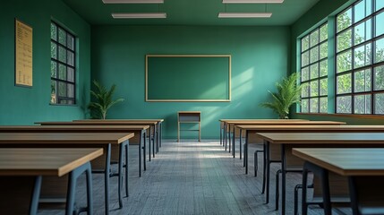 empty classroom with rows of wooden desks and chairs, a chalkboard at the front, and large windows allowing natural light to fill the room. The walls are painted a calming shade of green.