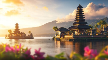 Stunning sunrise over ancient temples on a serene lake