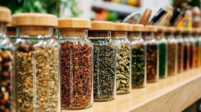 Assorted Dried Herbs and Spices in Glass Jars