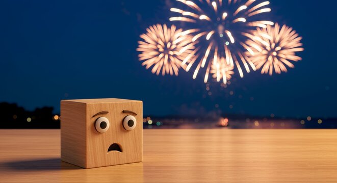 Wooden Block with Sad Face and Fireworks