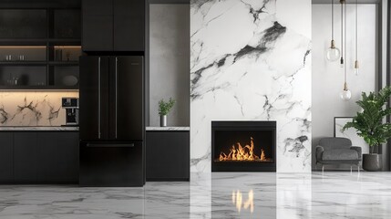Modern black refrigerator in a luxurious marble kitchen with a fireplace backdrop.