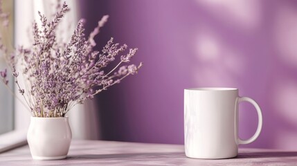 Dried Lavender Bouquet and White Mug on Purple Table