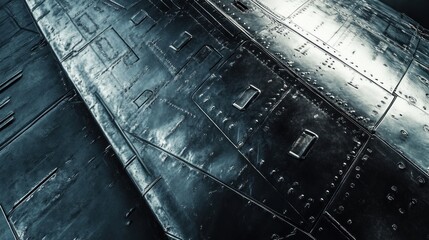 Detailed view of a dark metallic aircraft wing surface with intricate paneling