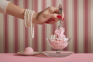 An elegant woman's hand, adorned with pearls and red nails, pouring pink ice cream into a bowl on her table in front of a pink striped wallpaper. 