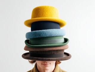 A person wearing four different hats stacked on top of each other. 