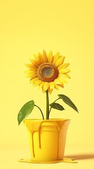 A sunflower in a leaking yellow pot on yellow background. 