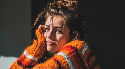 Portrait of a beautiful woman illuminated by light.