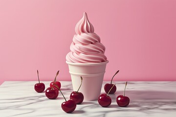 A cup of cherry soft-serve ice cream, placed in front of cherries and a pink background, with a marble tabletop