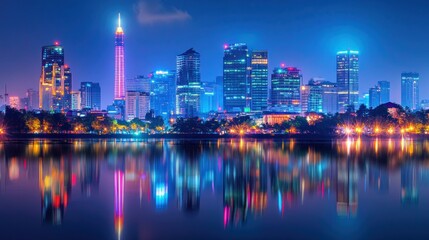 Fototapeta premium Vibrant cityscape reflected in tranquil lake at night