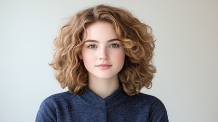 Young woman with curly hair, serene expression