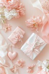Delicate Pink Gift Wrapping Arrangement.  A soft and elegant arrangement of pink and white gifts, flowers, and ribbons.  The gifts are beautifully wrapped in blush pink and ivory fabrics, 