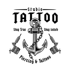 Fototapeta premium Vintage tattoo studio emblem with anchor and tattoo machines in monochrome style. Perfect for tattoo shop branding, apparel, stickers, and retro style designs. Nautical theme with bold detailing