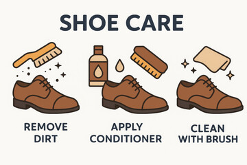 Cartoon Illustration of Shoe Care Showing Steps to Remove Dirt, Apply Conditioner, and Clean with Brush. Isolated on white background