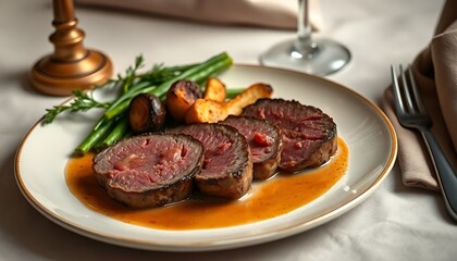 white plate topped with meat and vegetables