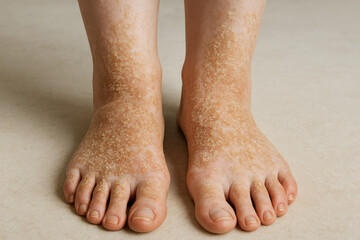 Dry peeling skin on human feet showing symptoms of dermatological condition. Concept of foot psoriasis, eczema, dermatitis, keratosis, severe dry skin, medical foot health, dermatology problem