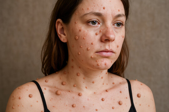 Caucasian woman with skin warts and papillomas in clinical setting. concept of dermatological conditions and skin health
