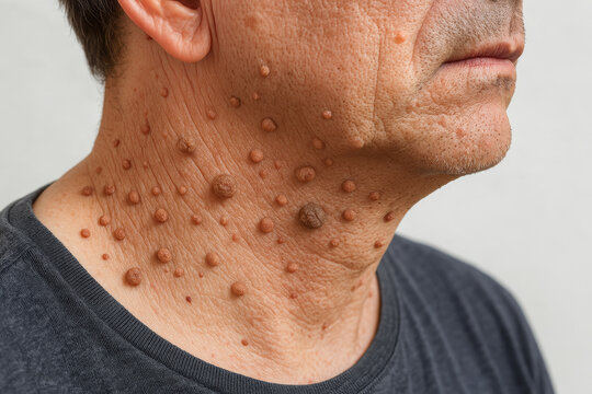 Middle-aged caucasian man with skin warts and papillomas on neck. concept of dermatology, skin condition awareness, medical examination