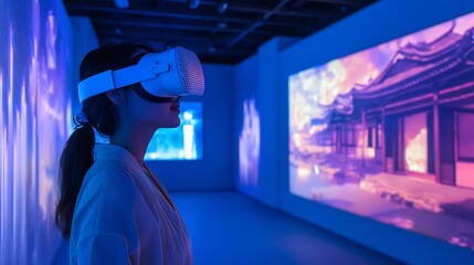 Woman Wearing VR Headset Exploring Virtual Asian Temple