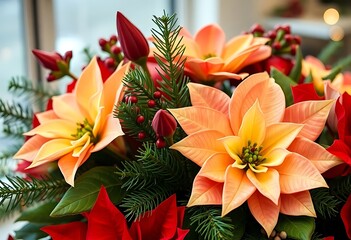 Fototapeta premium bouquet of orange and red flowers sitting on top of a table