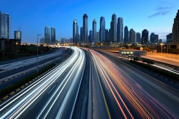 Fototapeta premium Night highway: moving light, car streak, urban glow, long exposure, illuminated road, vibrant motion, cityscape blur, speeding effect, luminous scene, traffic energy.
