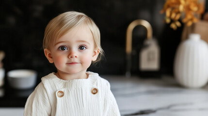 Uroczy portret dziecka z dużymi oczami uśmiechniętego w białym swetrze na blacie kuchennym