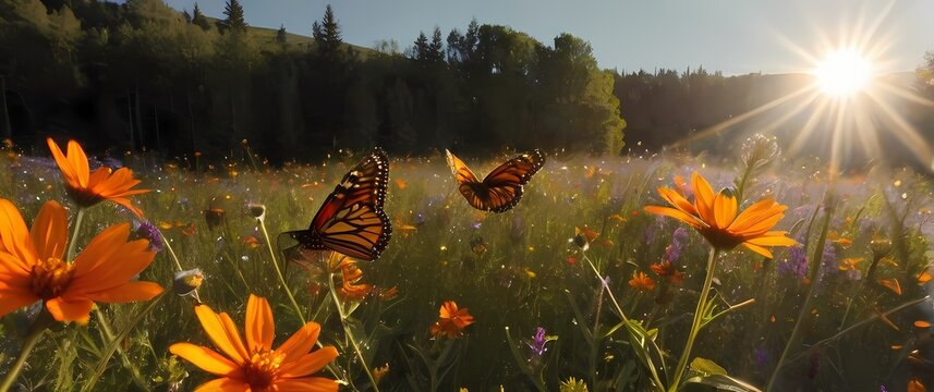Bright orange and black monarch butterflies fluttering amidst wildflowers on a sun drenched summer meadow