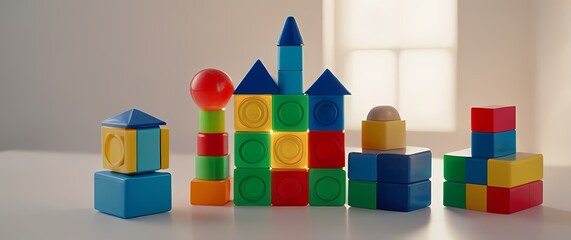 Bright colorful educational toys and blocks arranged neatly on white surface with natural soft diffuse light