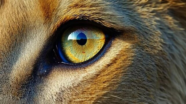 Extreme close-up of a big cat's eye, likely a tiger, with a golden yellow iris blinking slowly under bright natural light, surrounded by detailed fur, AI Generated animation.