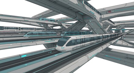 Obraz premium Futuristic elevated train system with multiple tracks and sleek white trains in a complex design