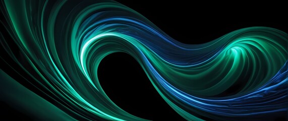 Abstract swirl of emerald and sapphire digital waves flowing fluidly over stark black background