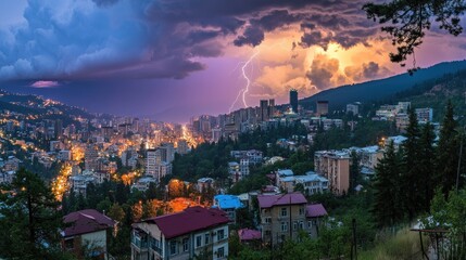 Lightning Strikes Over City at Night in Dramatic Thunderstorm Scene