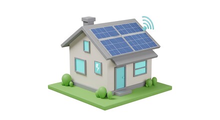 A stylized house with solar panels on the roof and a wifi signal on a white background