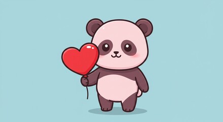 Naklejka premium Adorable Cartoon Panda Holding Red Heart Balloon Cute Valentine s Day Illustration