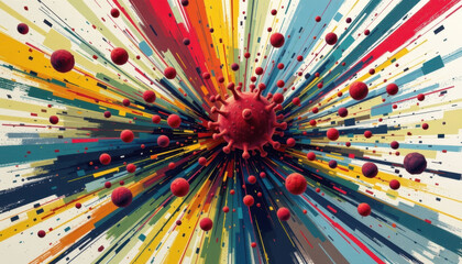 The digital painting depicts a chaotic scene of swirling colors and fragmented shapes, symbolizing the rapid spread and uncontrollable nature of a viral outbreak