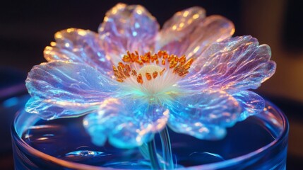Glowing Blue Flower in Glass of Water