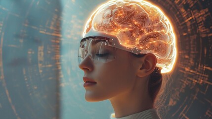 Woman with Glowing Brain Wearing Virtual Reality Headset in Futuristic Environment