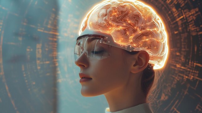 Woman with Glowing Brain Wearing Virtual Reality Headset in Futuristic Environment - Powered by Adobe