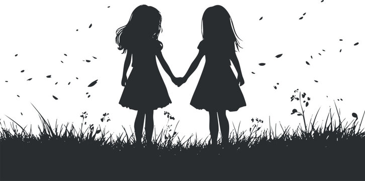 Silhouette of two young girls holding hands standing in grass with flowers in natural outdoor setting