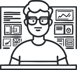 Illustration of a man wearing glasses working with charts and graphs on a computer screen