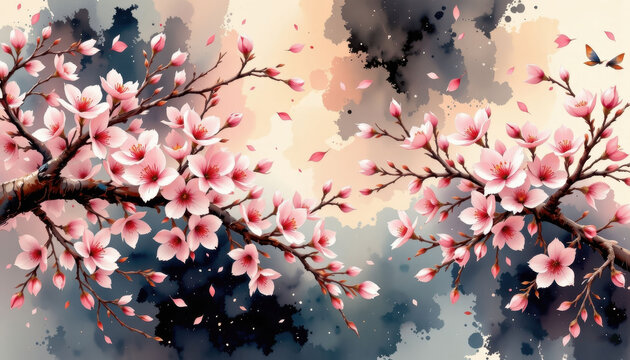 A serene watercolor panorama of cherry blossoms, in a flowing watercolor style, with blush pink and ivory tones, on textured paper, sweeping strokes, soft gradients, tranquil essence