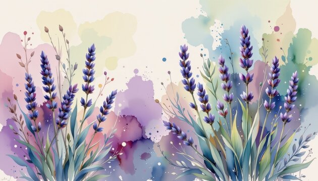 A serene watercolor panorama of lavender sprigs, in a flowing watercolor style, with lilac and sage green tones, on textured paper, sweeping strokes, soft gradients, tranquil essence