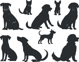 Silhouettes of different dogs in various poses showing diverse breeds and sizes in black and white