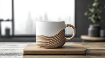 White and Brown Textured Ceramic Mug on Wooden Coaster