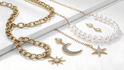 Trendy jewelry featuring chains, a pearl necklace, and celestial pendants. Stylish fashion accessories. (Jewelry)