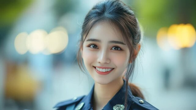 Smiling Young Woman Police Officer in Uniform - Inspiring Portrait in Urban City Sunset